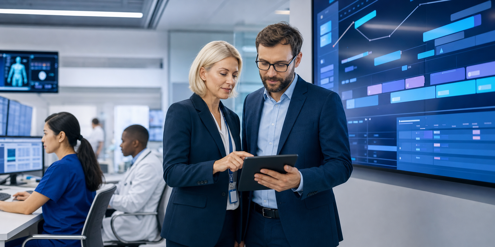 Healthcare administrator and consultant reviewing appointment platform workflows
