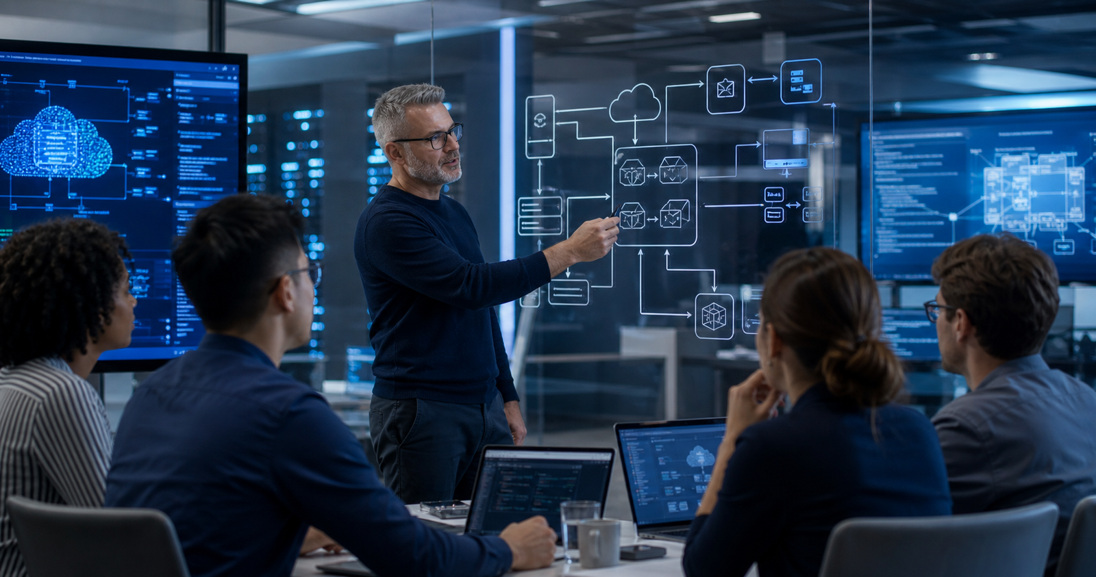 Engineering team reviewing scalable cloud architecture diagrams